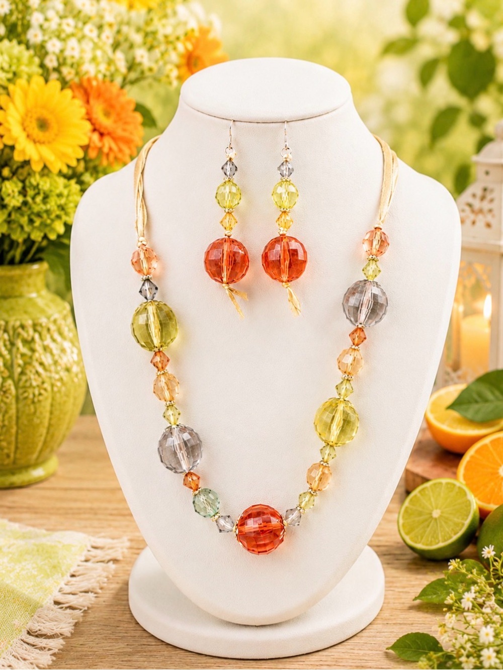 Iridescent beaded necklace & earring set
